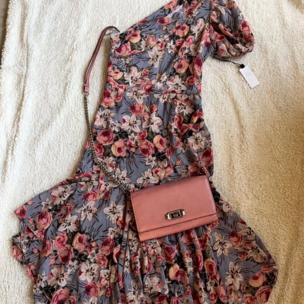 ASTR Santorini Dress - One-shoulder muted floral dress in dusty blue and rose